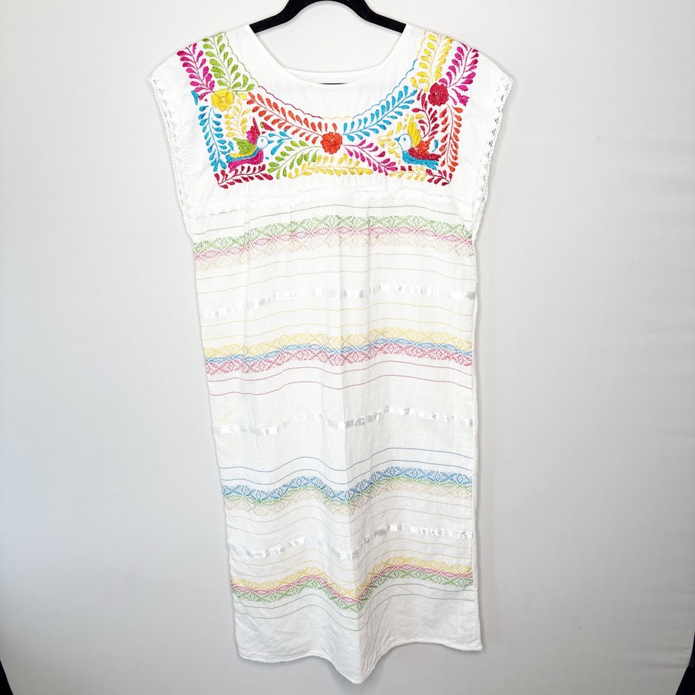 Vintage‎ Mexican Peasant Dress White Floral Bird Embroidery Sleeveless Midi L